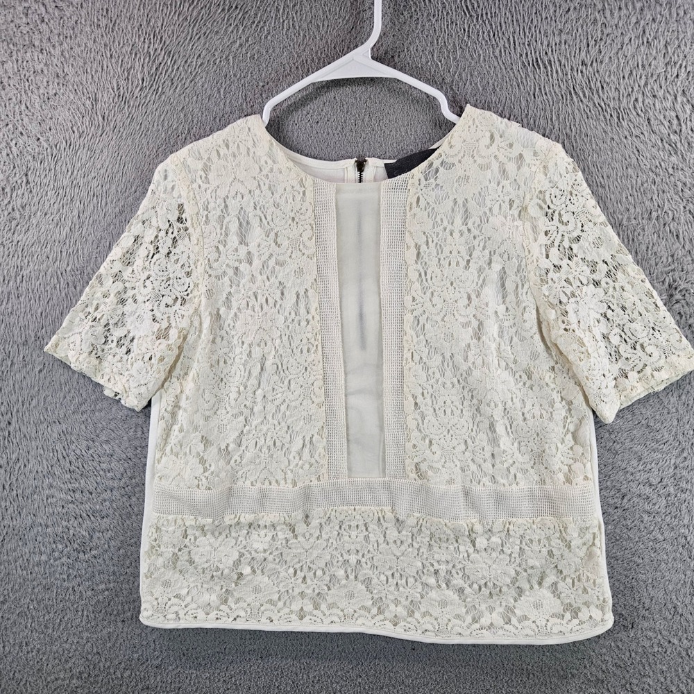 Sunday in Brooklyn Womens Ivory Lace Short Sleeve Zipper Back Blouse Top Size M